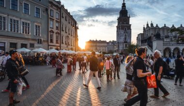 Tourists on Main Market Square in Krakow, Poland