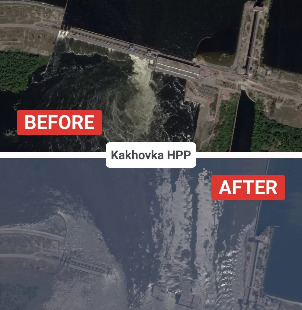 The Kakhovka Hydroelectric Power Plant (HPP) before and after the destruction