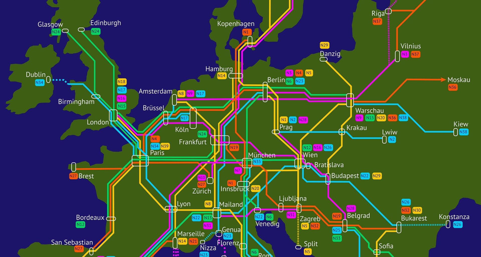 What a dream: A night train from Frankfurt to Edinburgh .. a map for possible night train routes for Europe proposed by the German Greens ..