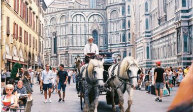 A man riding horse carriage in the middle of Florence, Italy