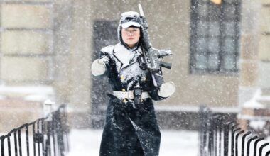 A Royal Guard in Stockholm during today's blizzard