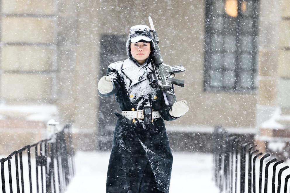 A Royal Guard in Stockholm during today's blizzard