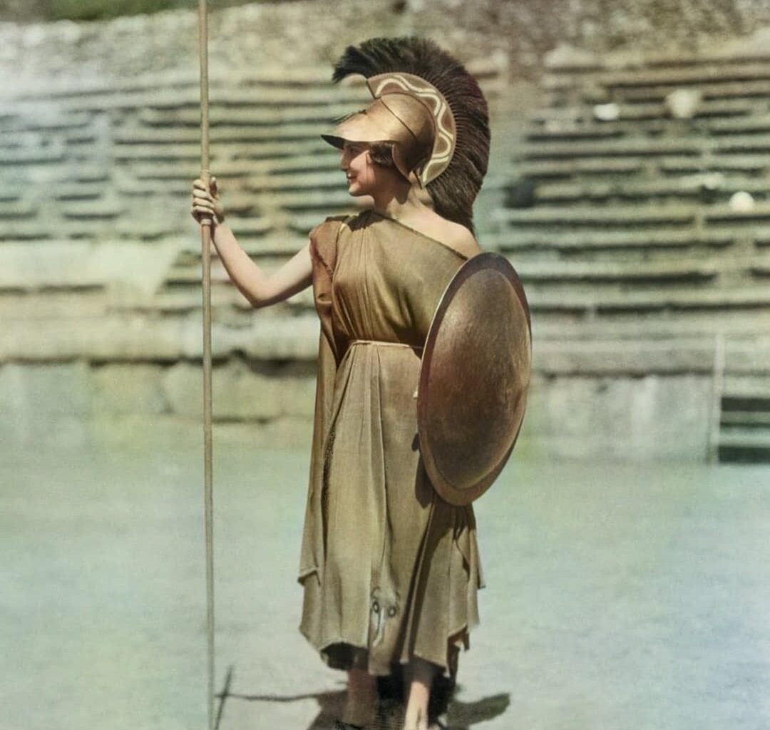 Greek model Aliki Diplarakou, who previously won the title of Miss Hellas and Miss Europe 1930, as Athena Promachos at the Second Delphic Festival in Delphi, 1930. [1080x1307]