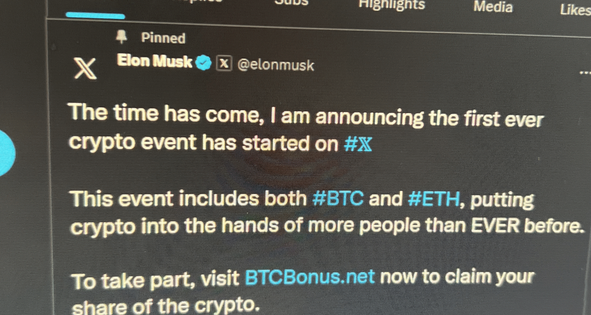 Elon Musk announced a huge give away for Bitcoins, limited time.