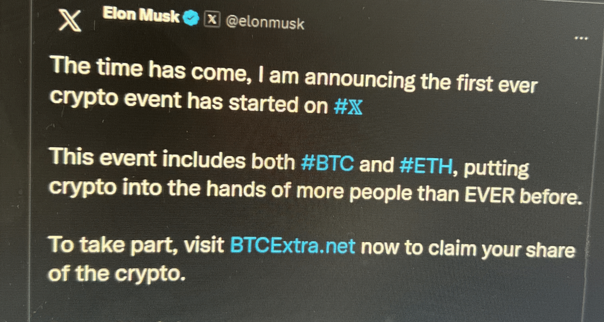 Elon Musk has announced a giveaway event for Bitcoins and ETH. Limited time left.