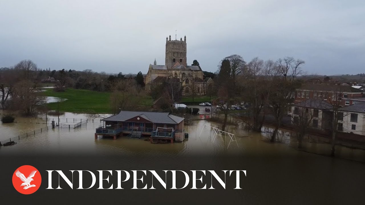 Drone footage captures flooding in Gloucestershire town as fields submerged by water