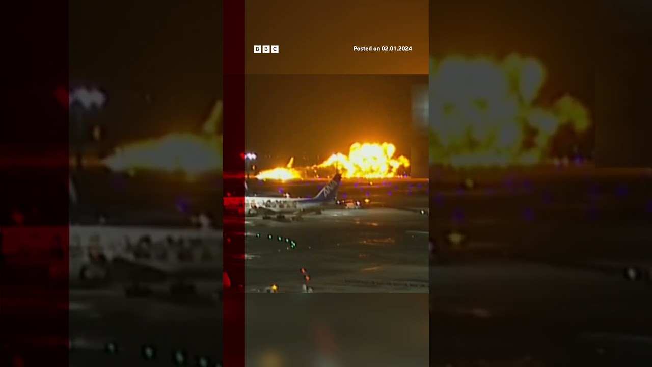 Moment Japan Airlines flight bursts into flames as it lands in Tokyo. #Shorts #Japan #BBCNews