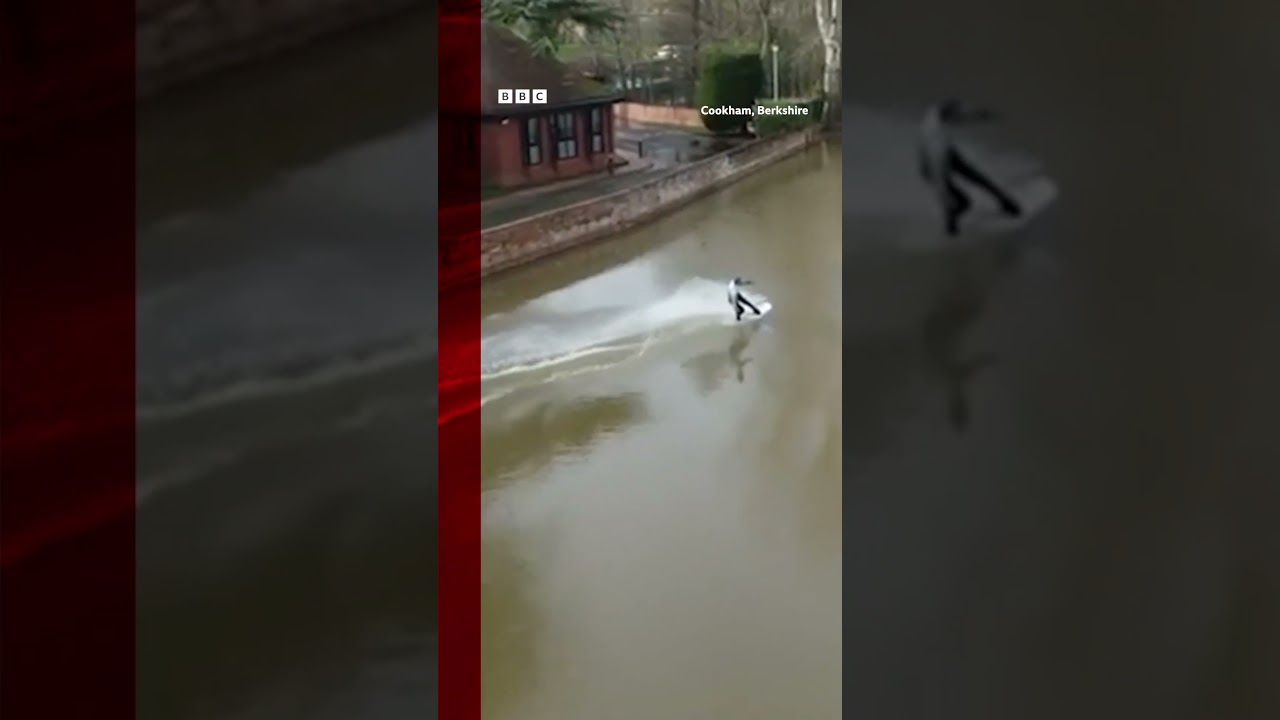 This man made the most of the flood by wakeboarding through this UK street. #Shorts #Floods #BBCNews