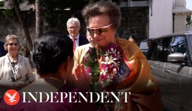 Princess Anne dons flower garland during Hindu temple visit in Sri Lanka