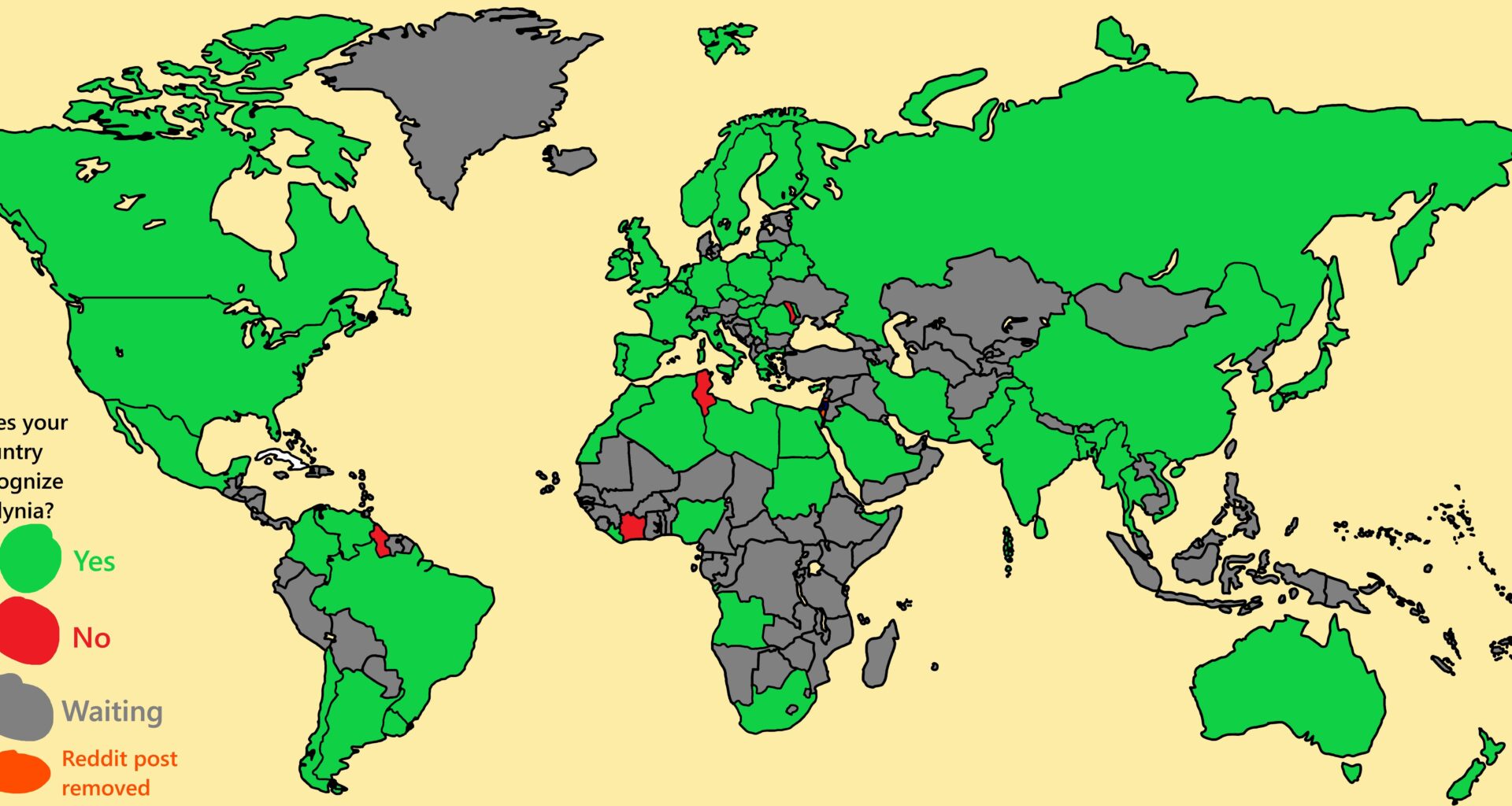 Hello, I started this micronation in the United States called Emlynia, and I’m trying to get at least a majority (even if it’s 1 person) vote from every country to recognize us, you don’t have to recognize us, you have an option. This isn’t forced recognition. Here’s the progress we’ve made so far.