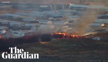 Buildings seen on fire after volcano erupts in south-west Iceland