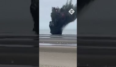 Moment World War Two-era bomb detonated on a beach in Belgium