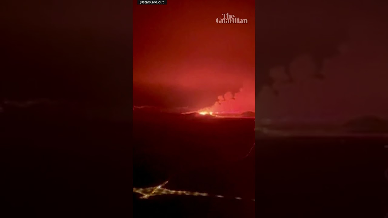 Eruption of Iceland volcano seen from plane window