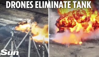 Ukrainian kamikaze drone blows up £1m Russian tank leaving just a smouldering shell