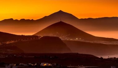 Canary Islands, Spain. Foreground, Ajodar Mountain. Background, Teide Volcano.