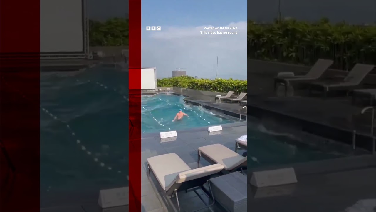 Rooftop pool seen shaking as 7.4 magnitude earthquake hits Taiwan. #Taiwan #BBCNews