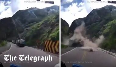 Moment lorry driver narrowly escapes being crushed by avalanche of giant boulders