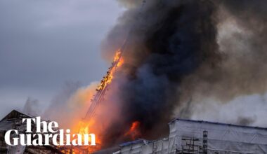 Moment spire collapses at Copenhagen's old stock exchange