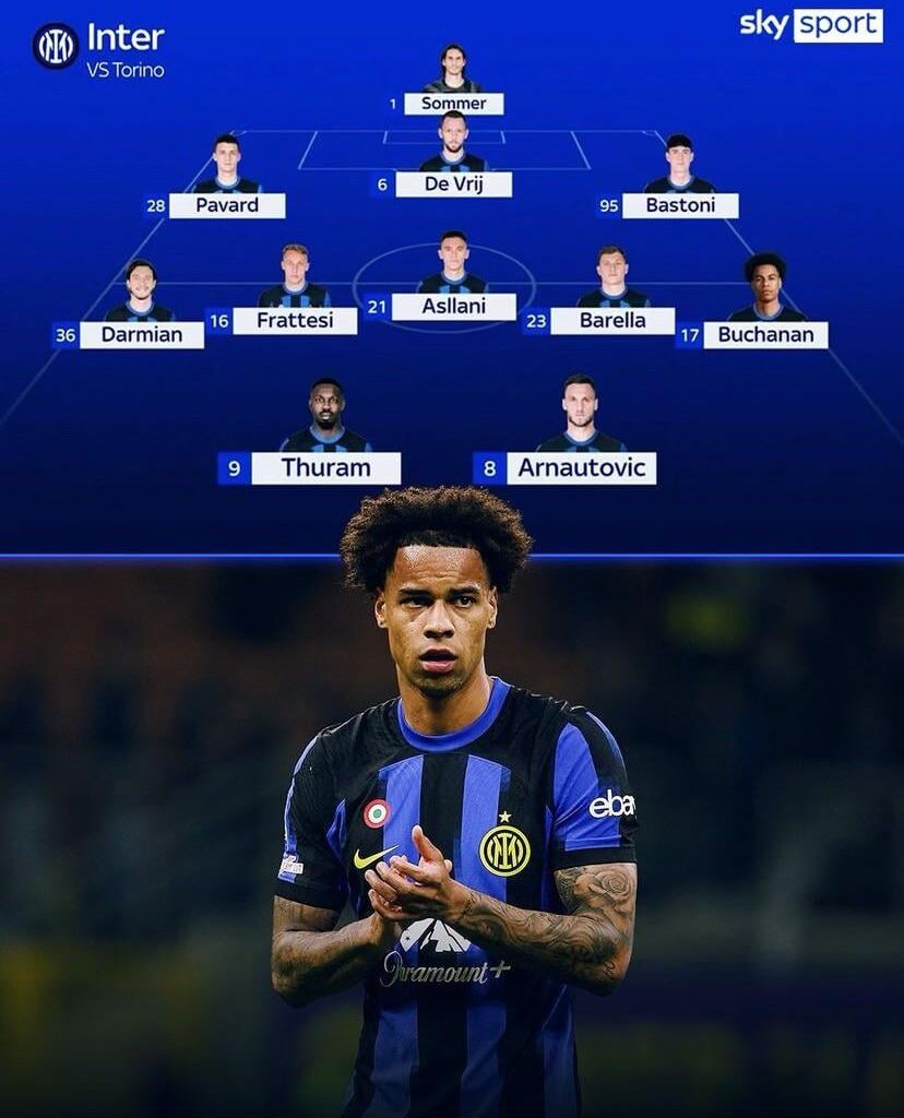 [Sky Sport] Inter probable lineup vs. Torino: Sommer; Pavard, De Vrij, Bastoni; Darmian, Frattesi, Asllani, Barella, Buchanan; Thuram, Arnautovic.