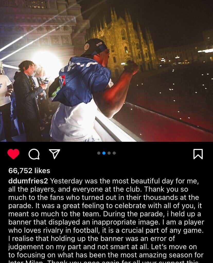 Dumfries on Instagram apologizing for the banner on Theo Hernandez