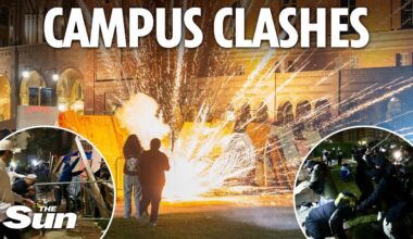 Riots break out at US universities as rival groups throw fireworks & attack each other with poles