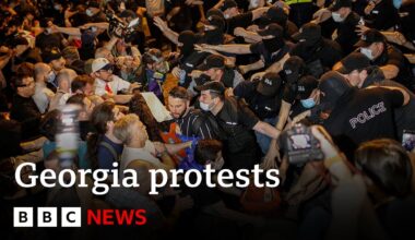 Georgia: Protesters hit by police water cannons after passing of 'Russian inspired' bill | BBC News