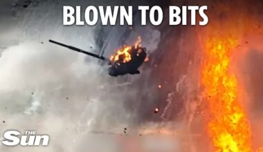 Russian tank turret thrown across sky in fireball as Putin's armour picked off by Ukraine drones