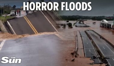 Terrifying moment bridge suddenly cracks and plunges into river in 'biblical' Brazil floods