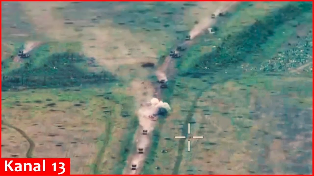 A convoy of 20 Russian equipment launching attack in Donetsk is ambushed - Operational footage