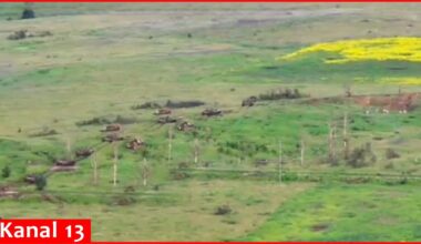 A drone footage of a convoy of Russian vehicles advancing on a minefield