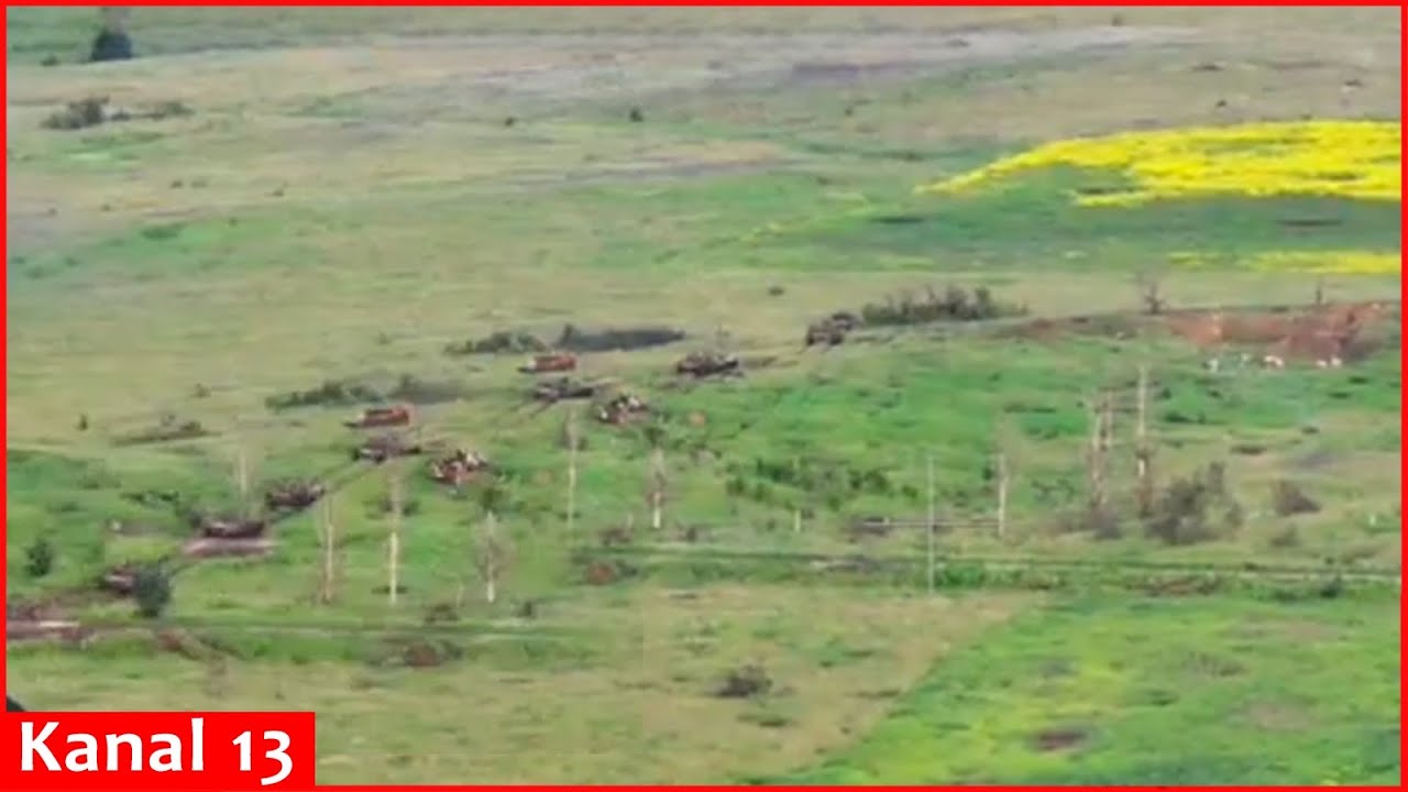 A drone footage of a convoy of Russian vehicles advancing on a minefield