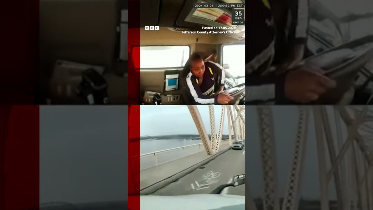 Lorry driver left hanging off edge of  bridge after swerving to avoid crash. #Dashcam #BBCNews