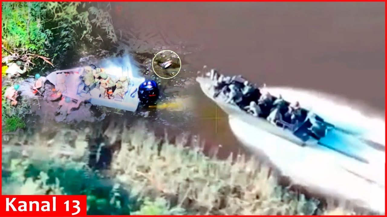 Arriving in island in Dnipro River by boat Russian troops are attacked by drone- Moment of operation