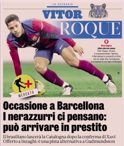 [GdS] Inter are eyeing an opportunity in Barcelona. The Nerazzurri are thinking about Roque: he could arrive on loan. After confirming to Xavi for next season, Vitor Roque will leave Barcelona and has been offered to Inzaghi. The 19-year-old Brazilian is a backup plan to Gudmundsson.