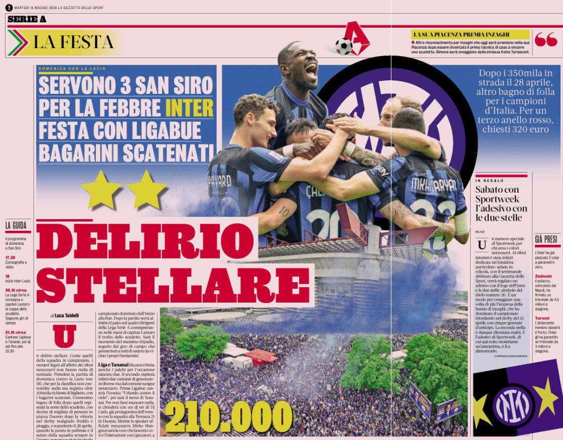 [GdS] Inter are ready to party once again this Sunday against Lazio when the club will raise its 20th Scudetto in the sky. Demand for tickkets is at an all-time high with 210k fans wanting to be there in person. This is after the 350k fans present at the club’s parade on April 28th.