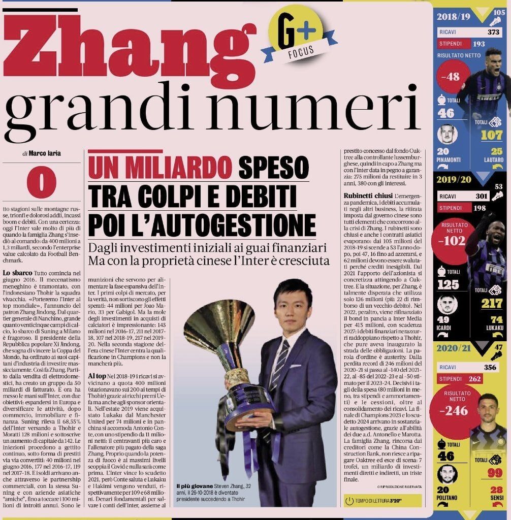 [GdS] Zhang, big numbers. As owner, Suning and the Zhang family spent the total of one billion. From initial investments to financial troubles, but with Chinese ownership, Inter has grown.