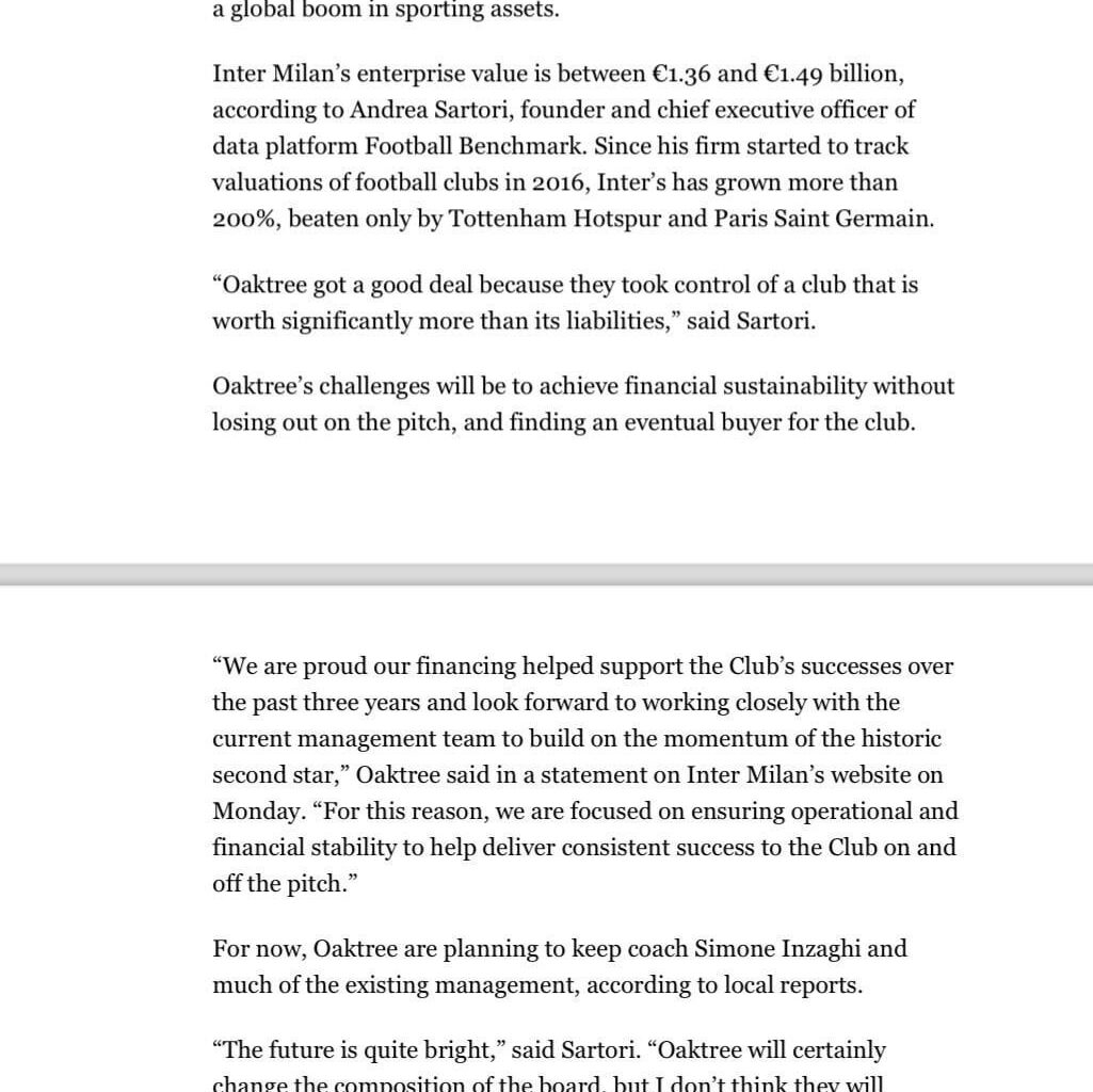 [Inter Xtra] Read this summary of Inter from @business…“Since Football Benchmark started to track valuations of football clubs in 2016, Inter’s value has grown more than 200%, only beaten by Tottenham Hotspur and Paris Saint Germain.”