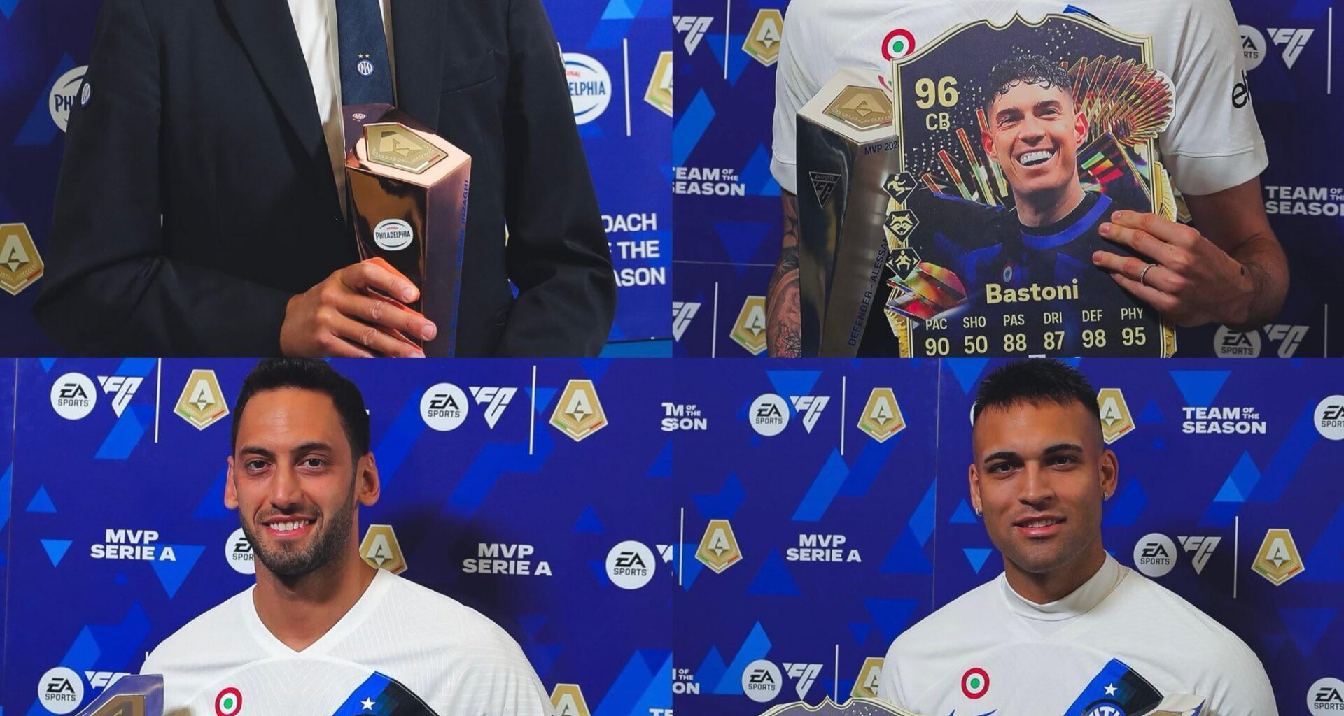 [Lega Serie A] Before Verona-Inter, the following were awarded: Simone Inzaghi with the Best Coach Award. Alessandro Bastoni with the Best Defender Award. Hakan Calhanoglu with the Best Midfielder Award. Lautaro Martinez with the MVP Award!