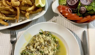 Fried cuttlefish with cockle rice and salad (Vagueira, Aveiro, Portugal)