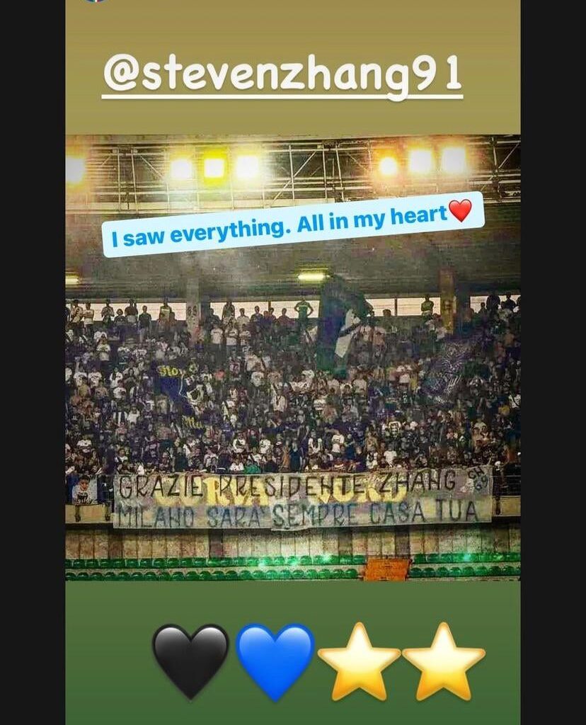 The Curva Nord with a banner for Steven Zhang at Verona-Inter: “Grazie President Zhang. Milan will always be your home.” Zhang responds on Instagram: “I saw everything. All in my heart❤️”