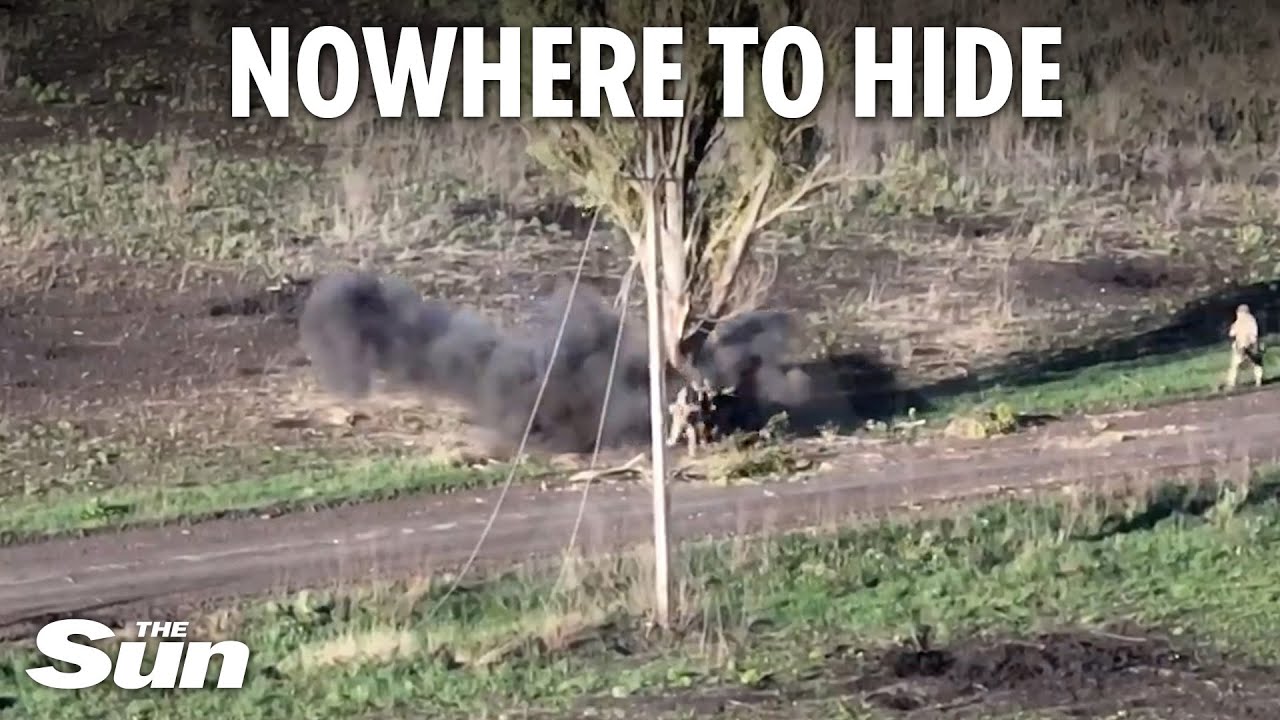 Watch as Russian troops dart behind single TREE to avoid Ukrainian targeted strikes