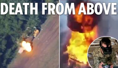 Russian tanks engulfed in flames after being blown up by Ukraine drones as they hide in trees