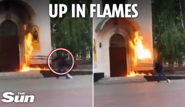 Moment anti-Putin protester hurls Molotov cocktail at Russian military church setting it on fire