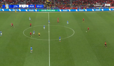 Wonderful ball from Kristjan Asllani to former Inter player Rey Manaj but Donnarumma with a huge save to keep it Italy 2-1 in the dying minutes!