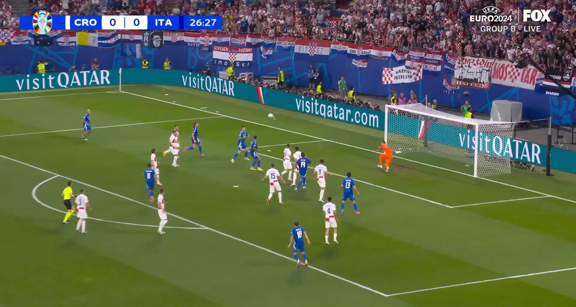 [FOX Sports] Barella with a great ball to Bastoni who heads it but Livaković with a great save! Best chance for Italy so far