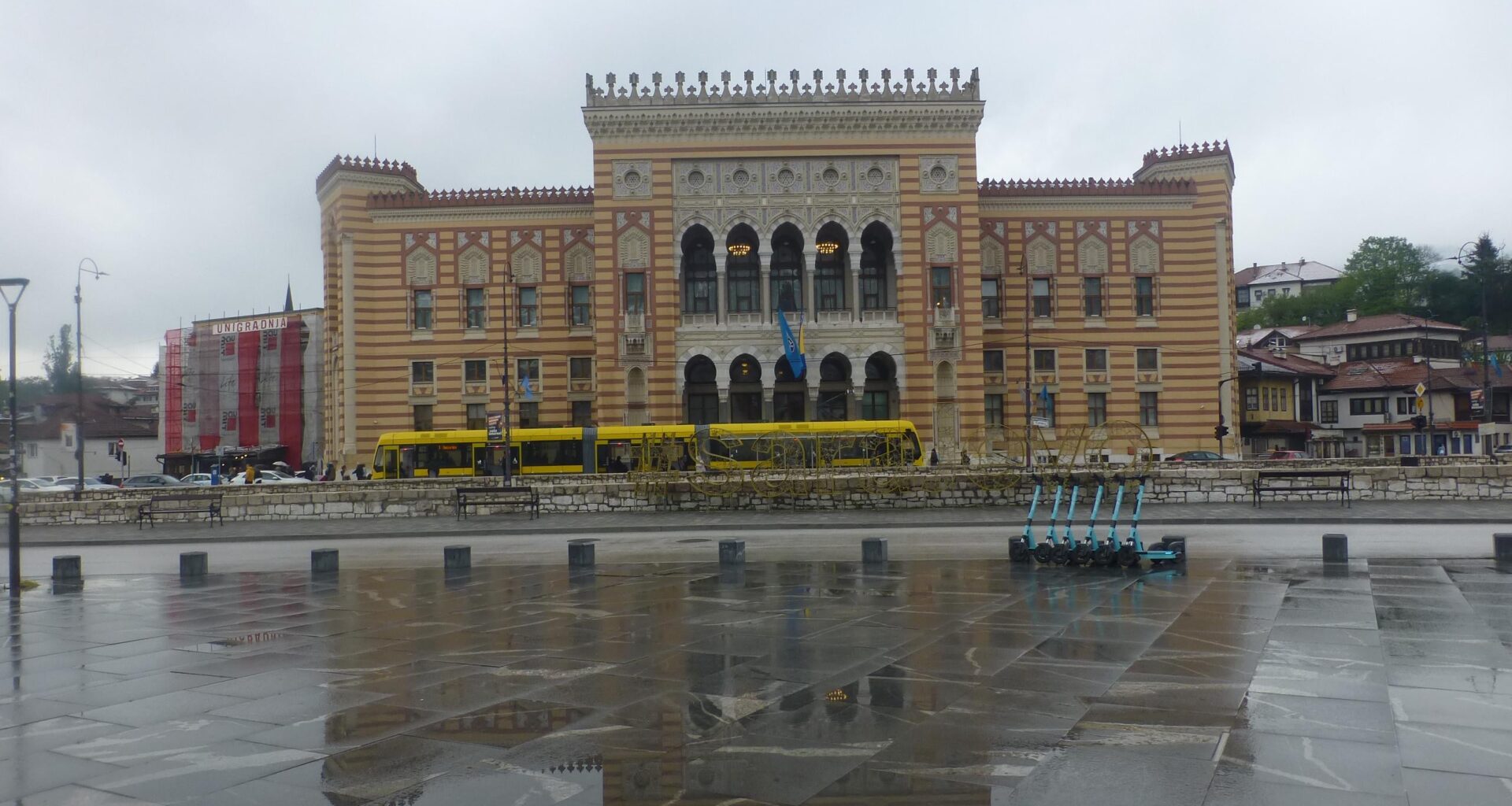 Sarajevo City Hall and Tram in the rain