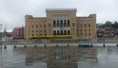 Sarajevo City Hall and Tram in the rain