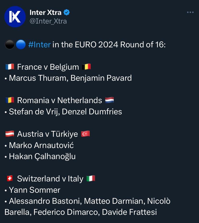 [Inter Xtra] Inter players in the EURO 2024 Round of 16. The only players who didn’t qualify are Asllani’s Albania and Zielinski’s Poland!