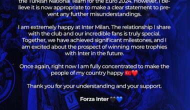 [Romano] Hakan Çalhanoglu has decided to stay at Inter despite Bayern interest and links. “I’m extremely happy at Inter, relationship with our fans and club is truly special”. “I’m excited by prospect of winning more titles with Inter in the future”. “Forza Inter!”.