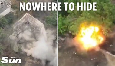 Moment Ukrainian drones rain fire on Russian troops in mission to clear enemy hideouts